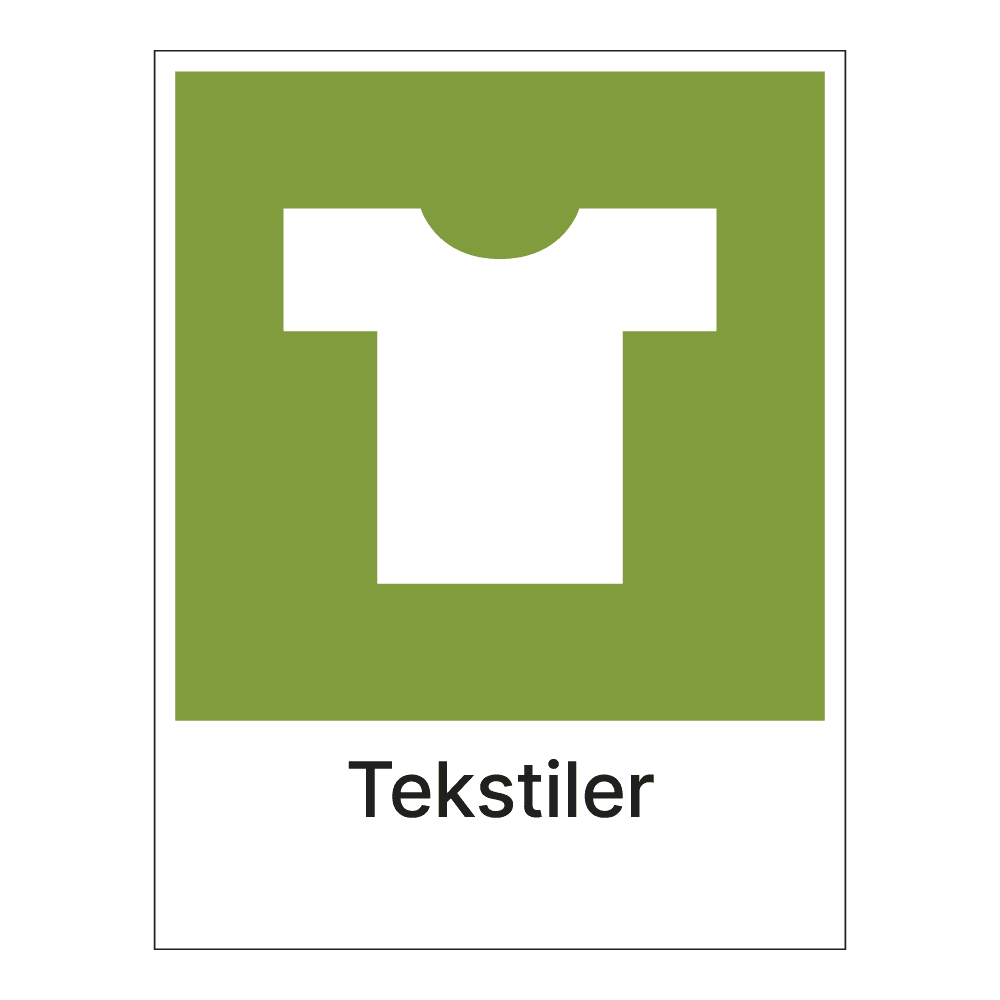 Kildesorteringsskilt: "m/tekstiler" m/tekst under