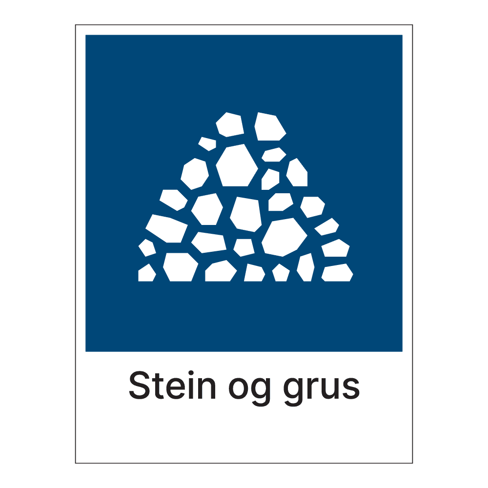 Kildesorteringsskilt: "Stein og grus" m/tekst under