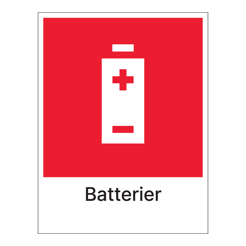 Kildesorteringsskilt: "Batterier" m/tekst under