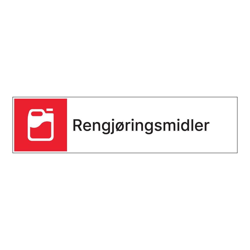 Kildesorteringsskilt: "Rengjøringsmidler" m/tekst ved siden av