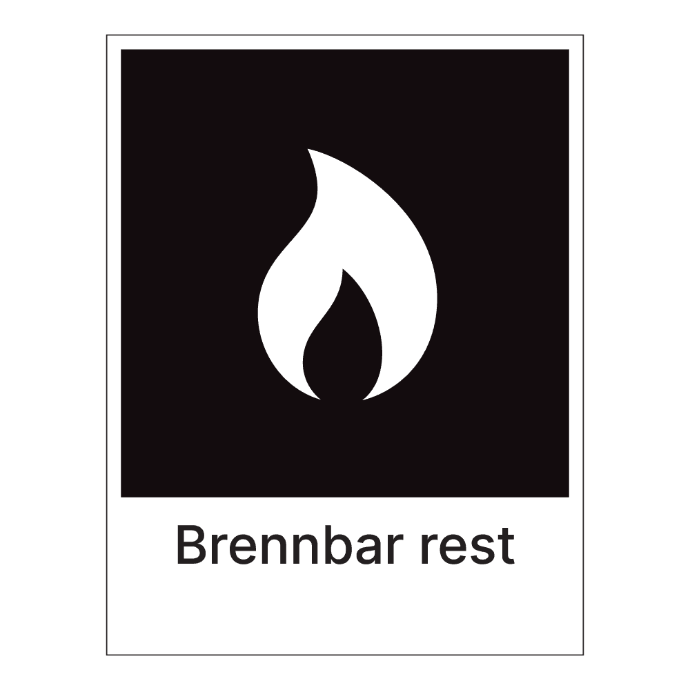Kildesorteringsskilt: "Brennbar rest" m/tekst under