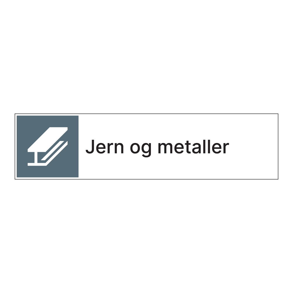Kildesorteringsskilt: "Jern og metaller" m/tekst ved siden av