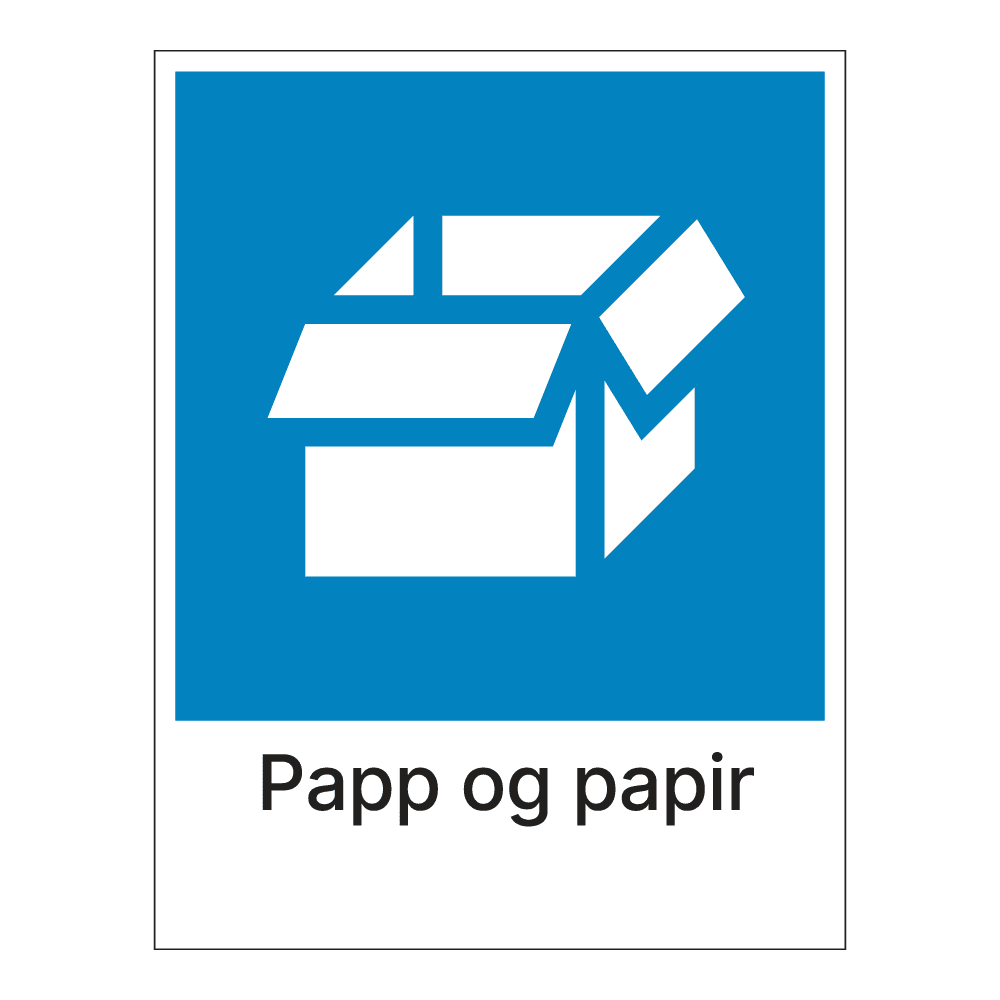 Kildesorteringsskilt: "Papp og papir" m/tekst under