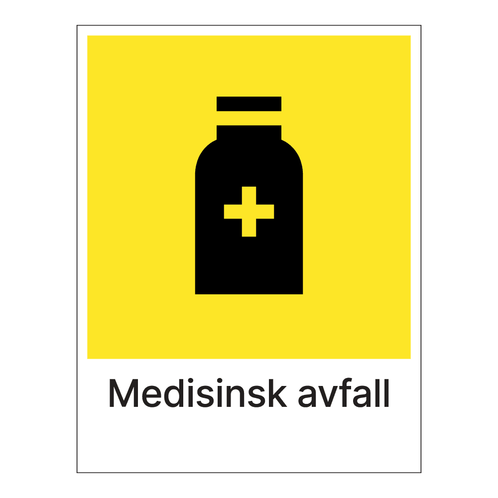 Kildesorteringsskilt: "Medisinsk avfall" m/tekst under