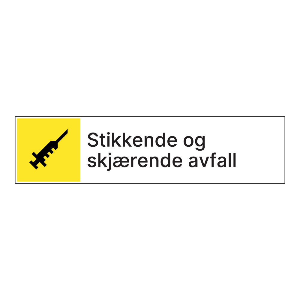 Kildesorteringsskilt: "Stikkende og skjærende avfall" m/tekst ved siden av