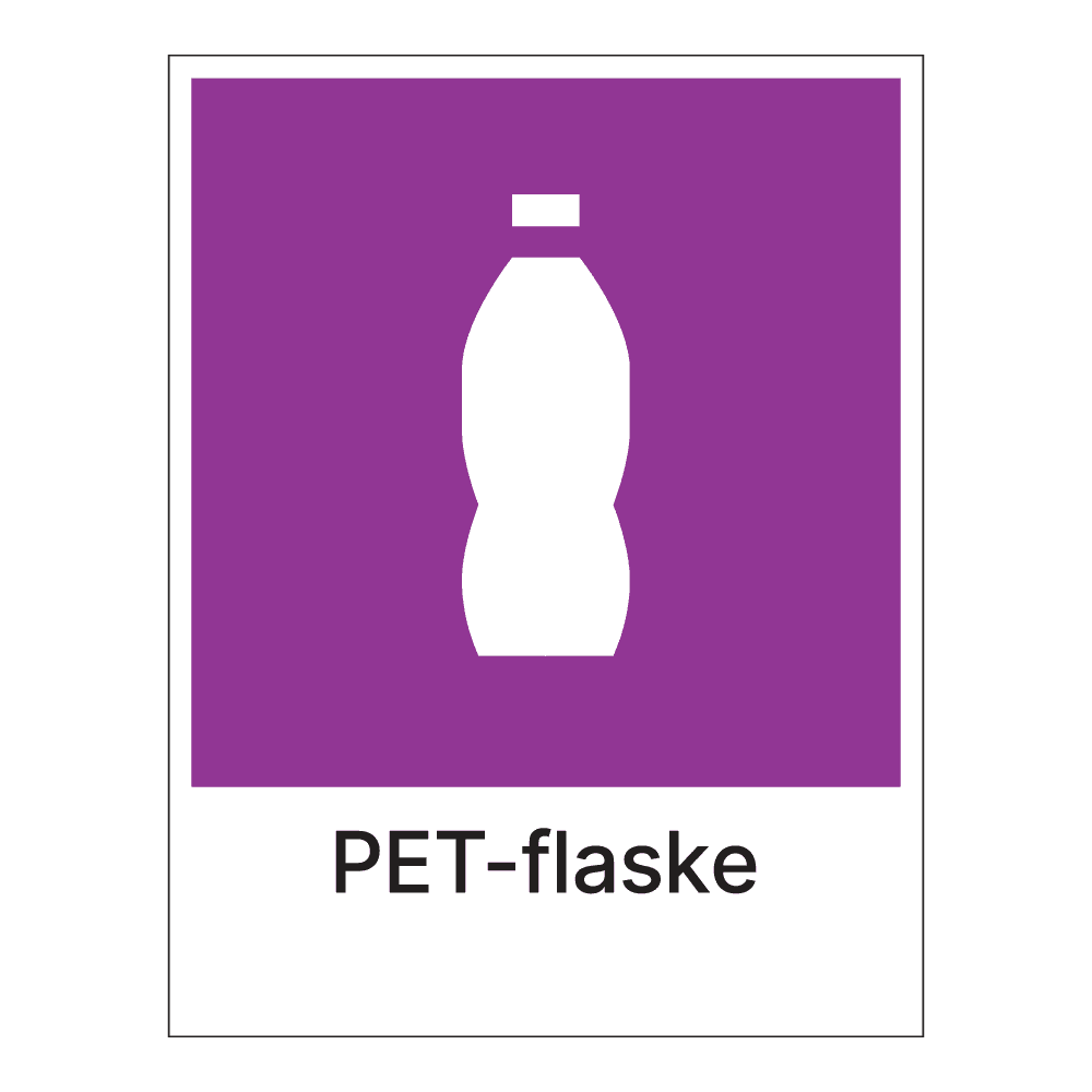 Kildesorteringsskilt: "Pet flasker" m/tekst under