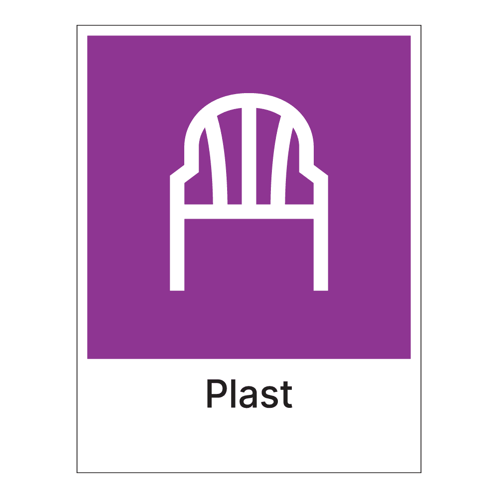 Kildesorteringsskilt: "Plast" m/tekst under
