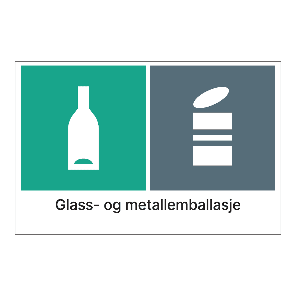 Kildesorteringsskilt: "Glass og metallemballasje" m/tekst under