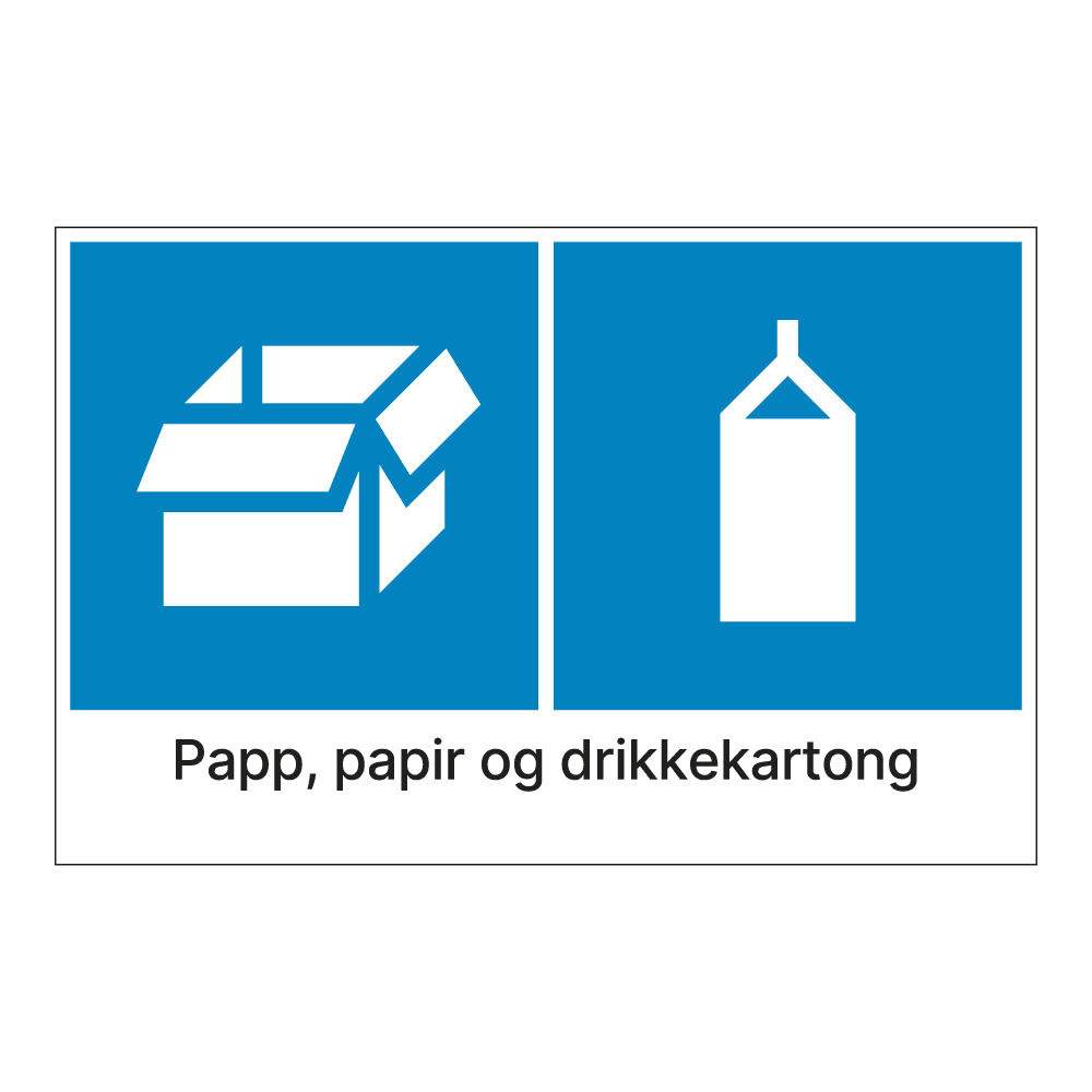 Kildesorteringsskilt: "Papp, papir og drikkekartong" m/tekst under