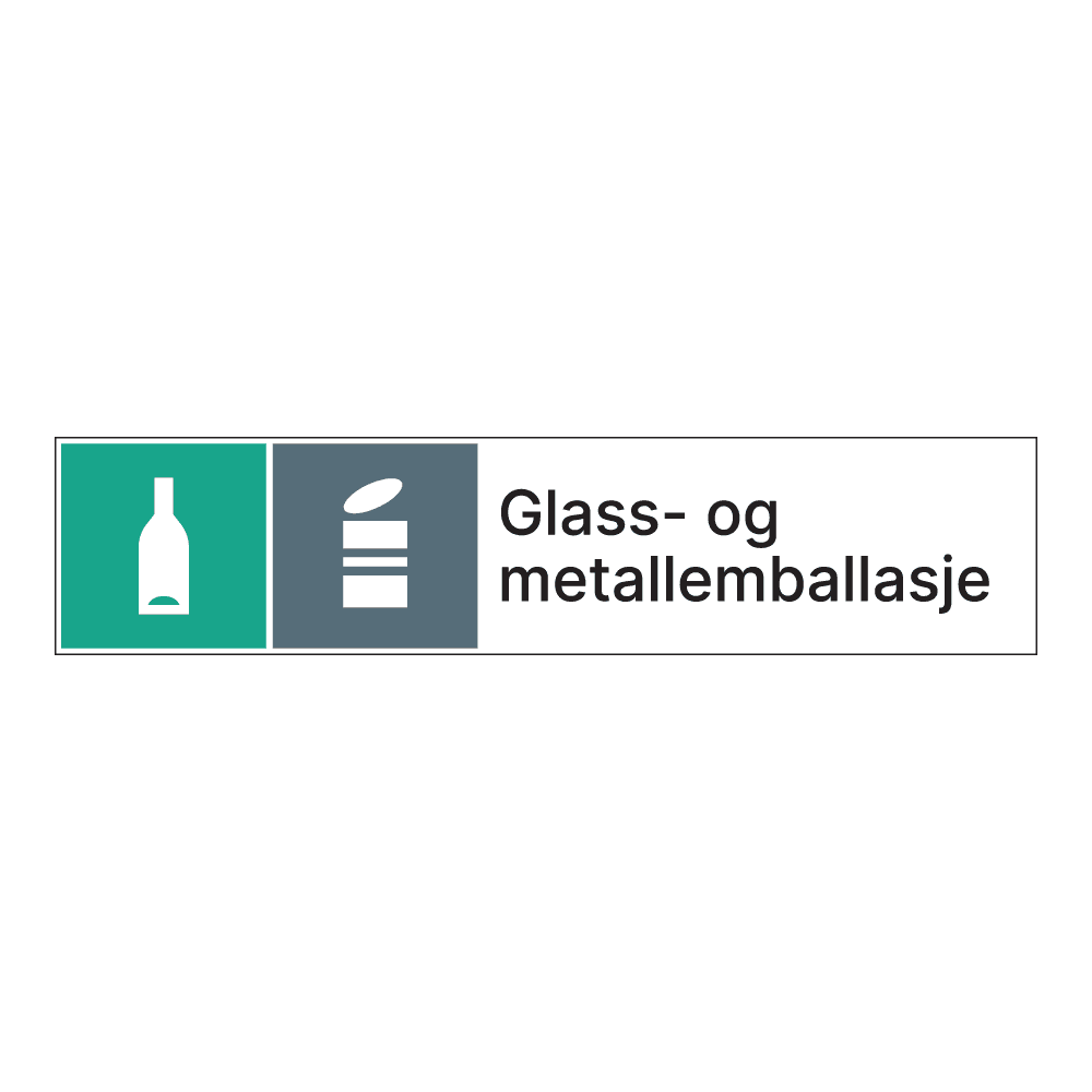 Kildesorteringsskilt: "Glass og metallemballasje" m/tekst ved siden av