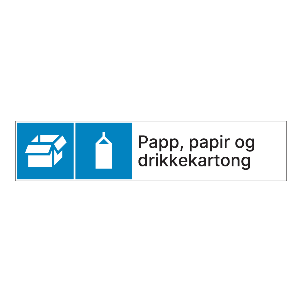 Kildesorteringsskilt: "Papp, papir og drikkekartong" m/tekst ved siden av