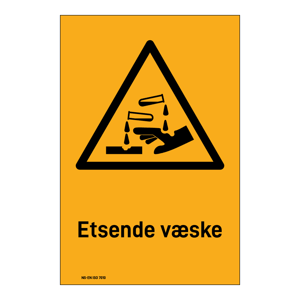 Advarselsskilt: "Etsende væske" m/tekst under