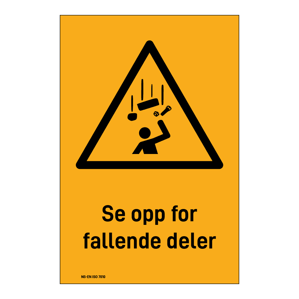 Advarselsskilt: "Se opp for fallende deler" m/tekst under