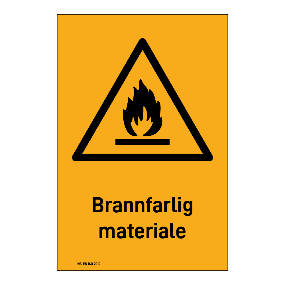 Advarsel klistremerke: "Brannfarlig materiale" m/tekst under