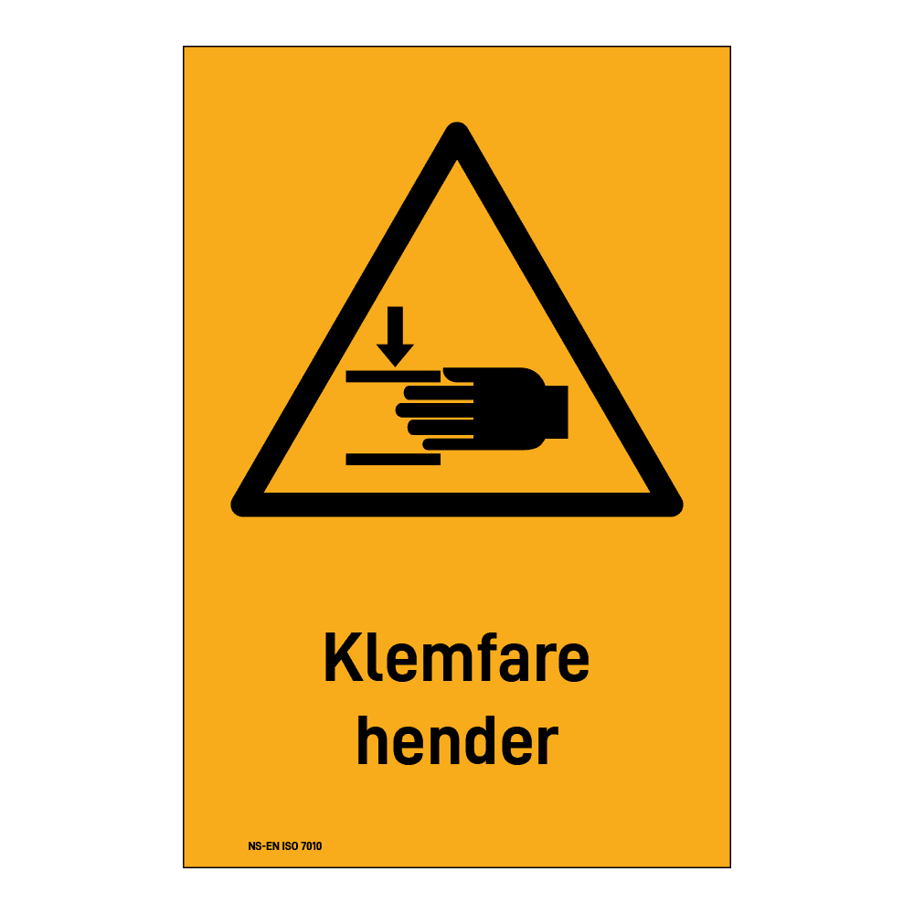 Advarsel klistremerke: "Klemfare hender" m/tekst under