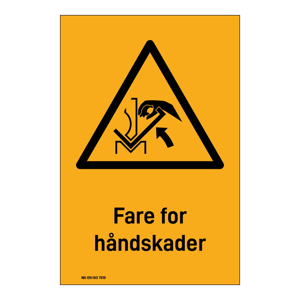 Advarsel klistremerke: "Fare for håndskade 2" m/tekst under