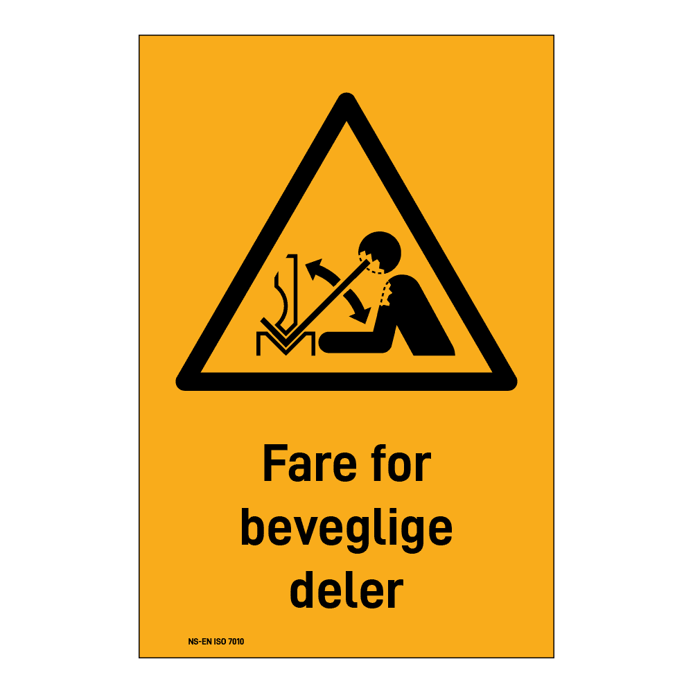 Advarsel klistremerke: "Fare for bevegelige deler" m/tekst under