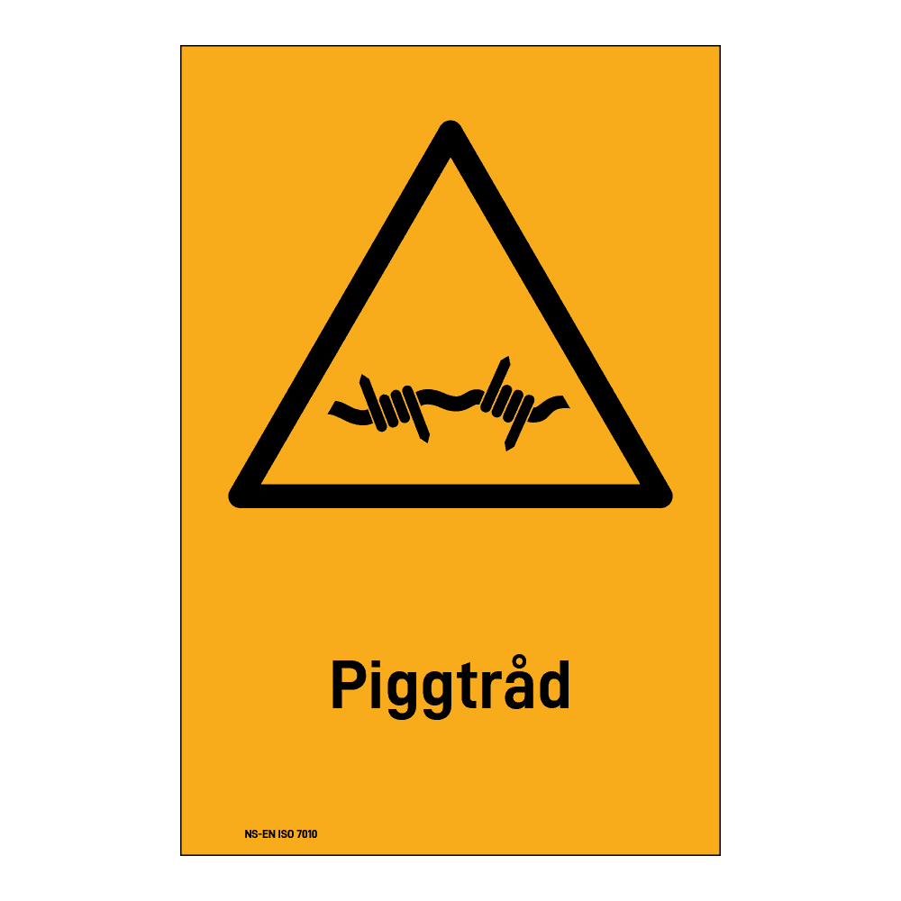 Advarsel klistremerke: "Piggtråd" m/tekst under