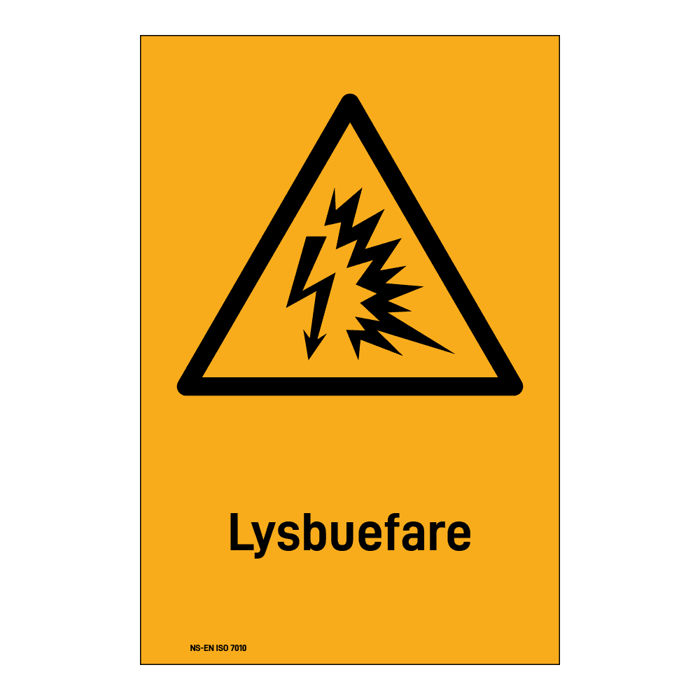 Advarsel klistremerke: "Lysbuefare" m/tekst under