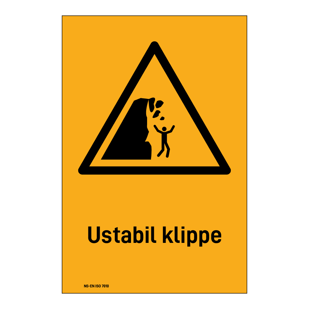 Advarsel klistremerke: "Ustabil klippe" m/tekst under