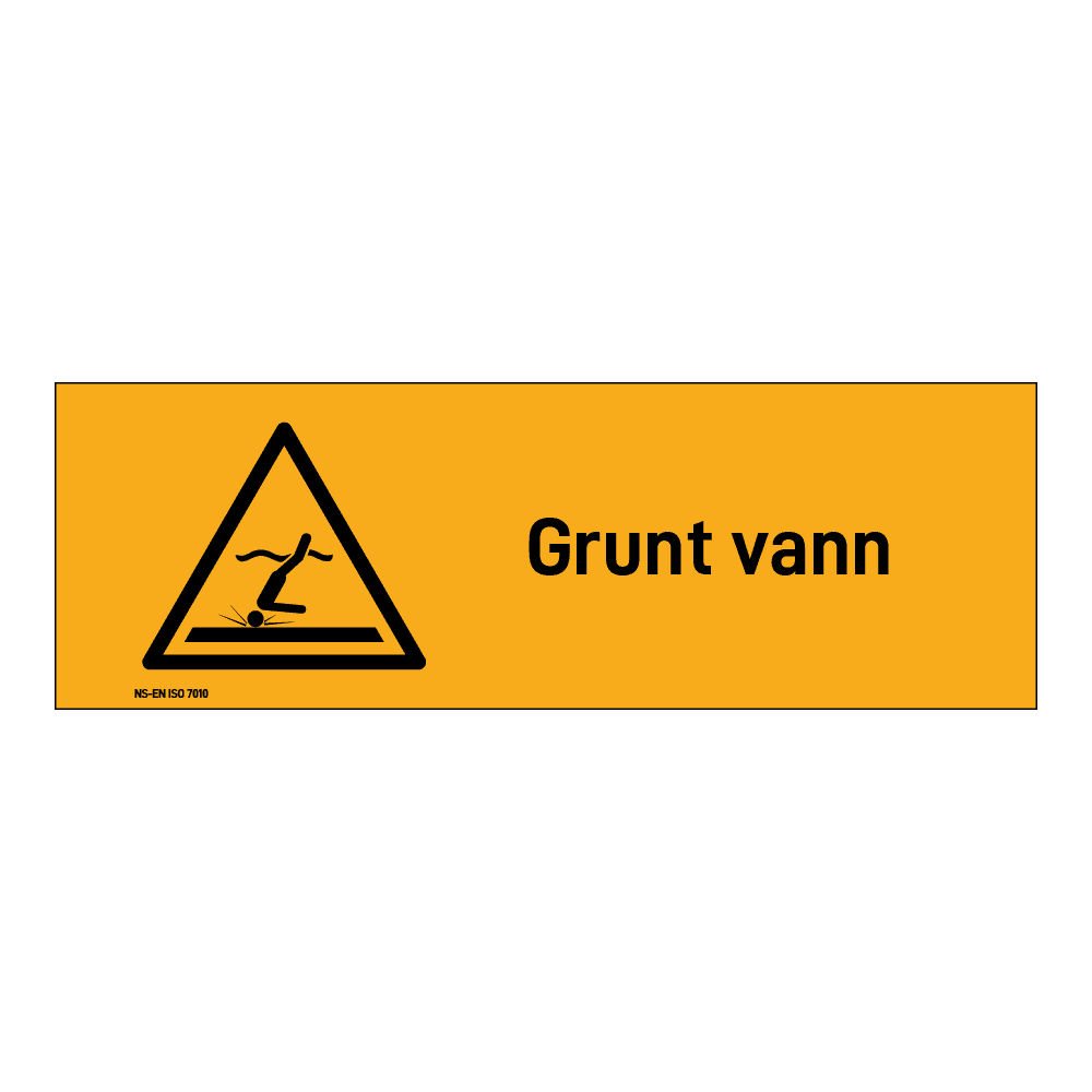 Advarselsskilt: "Grunt vann" m/tekst liggende