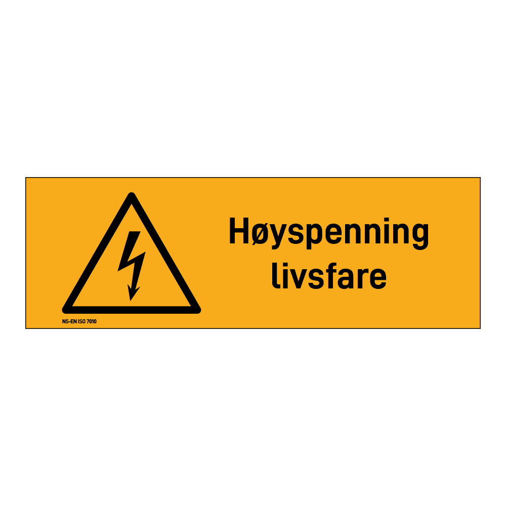 Advarsel klistremerke: "Høyspenning livsfare" m/tekst liggende