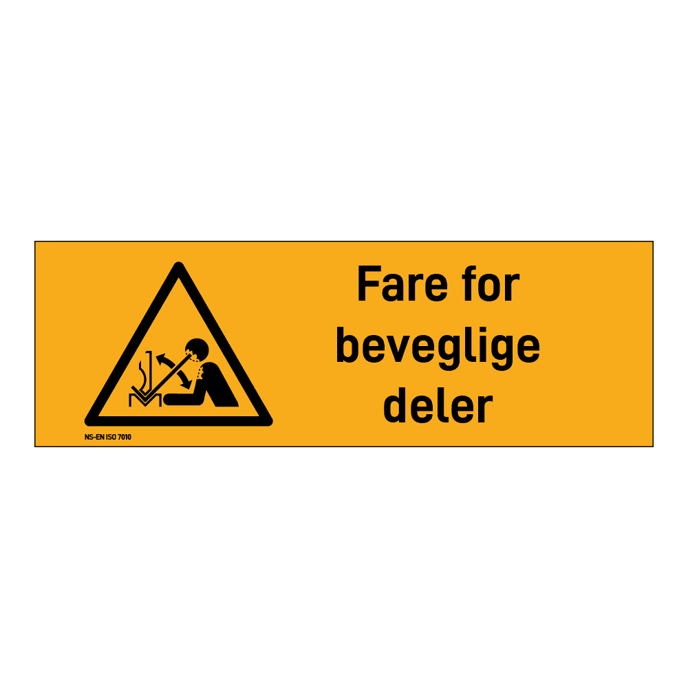 Advarsel klistremerke: "Fare for bevegelige deler" m/tekst liggende