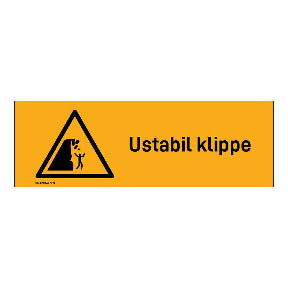 Advarsel klistremerke: "Ustabil klippe" m/tekst liggende
