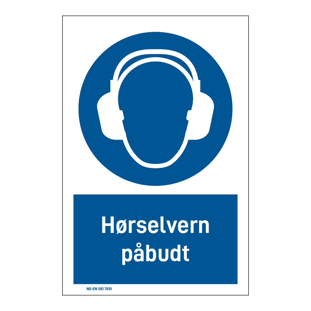 Påbudsskilt: "Hørselvern påbudt" m/tekst under