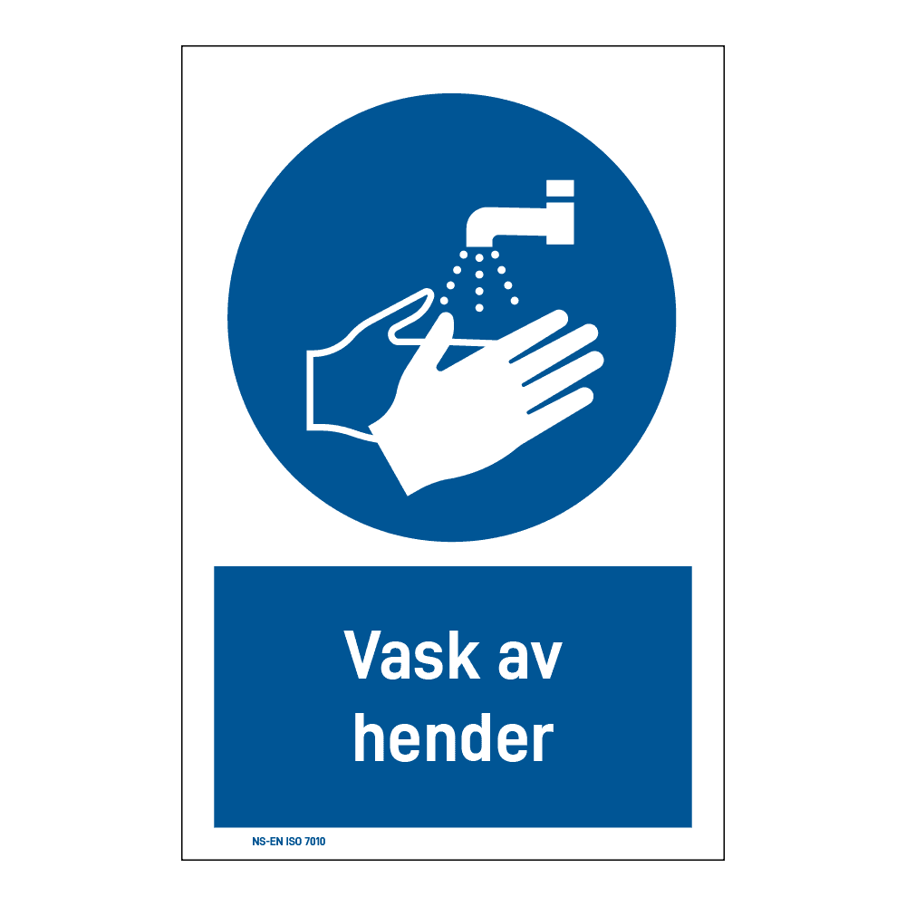 Påbudsskilt: "Vask av hender" m/tekst under