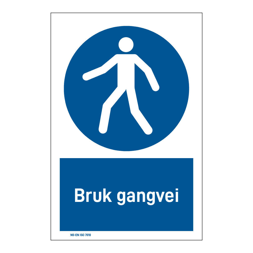 Påbudsskilt: "Bruk gangvei" m/tekst under