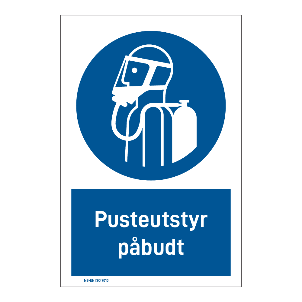 Påbudsskilt: "Pusteutstyr påbudt" m/tekst under