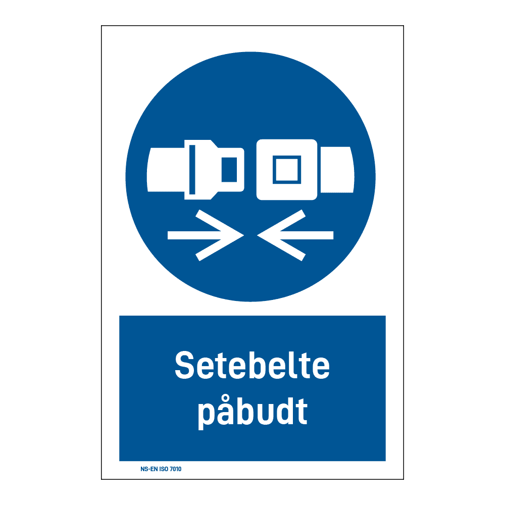 Påbud klistremerke: "Setebelte påbudt" m/tekst under