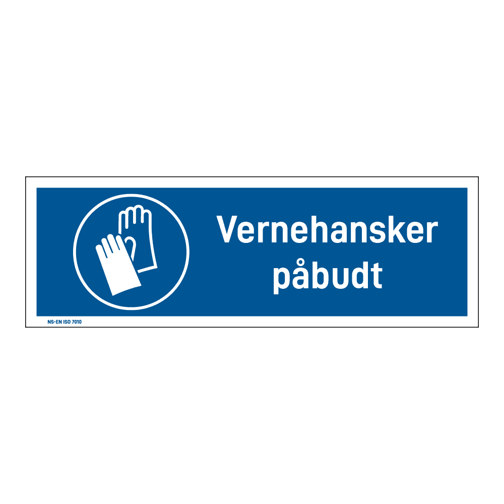 Påbud klistremerke: "Vernehansker påbudt" m/tekst liggende