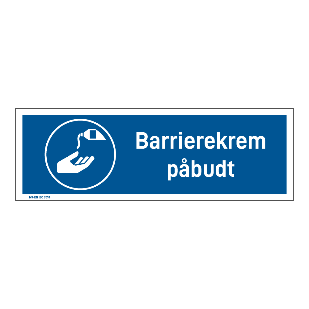 Påbud klistremerke: "Barrierekrem påbudt" m/tekst liggende