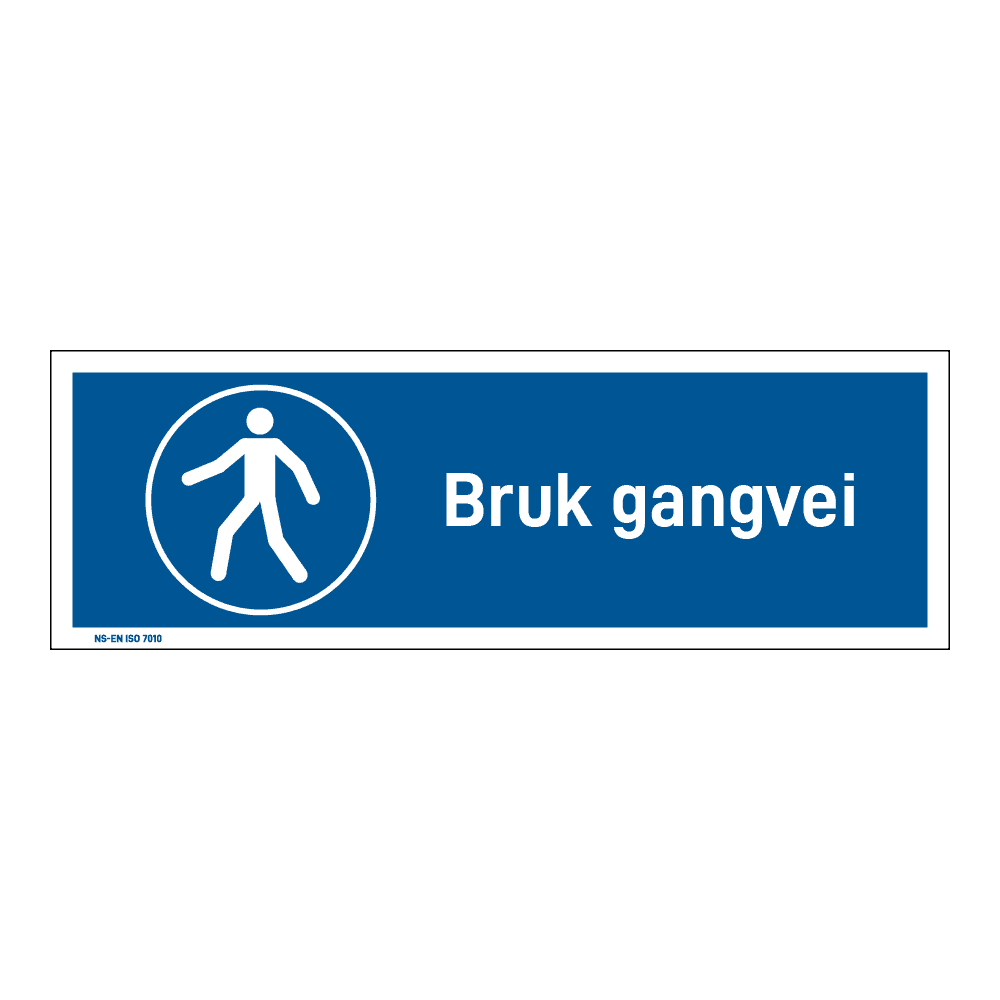 Påbud klistremerke: "Bruk gangvei" m/tekst liggende