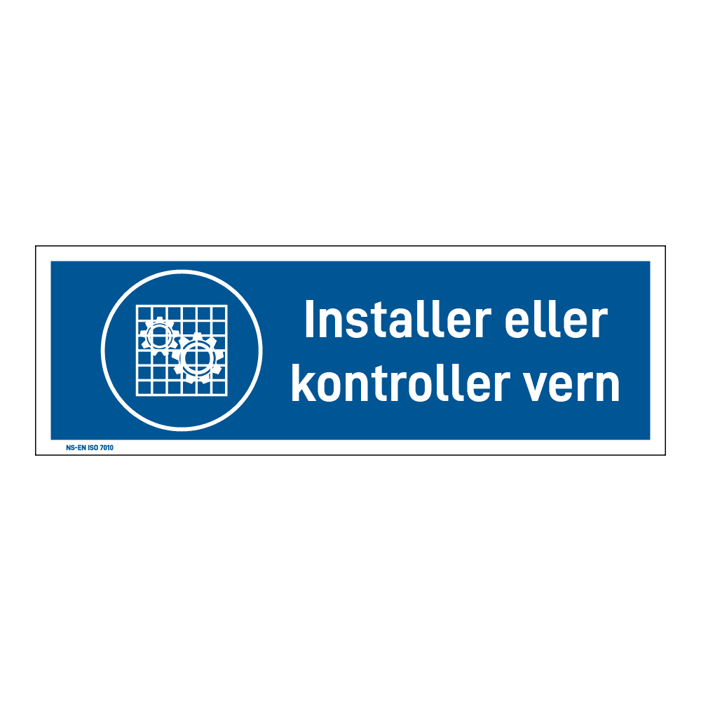 Påbud klistremerke: "Installer eller kontroller vern" m/tekst liggende