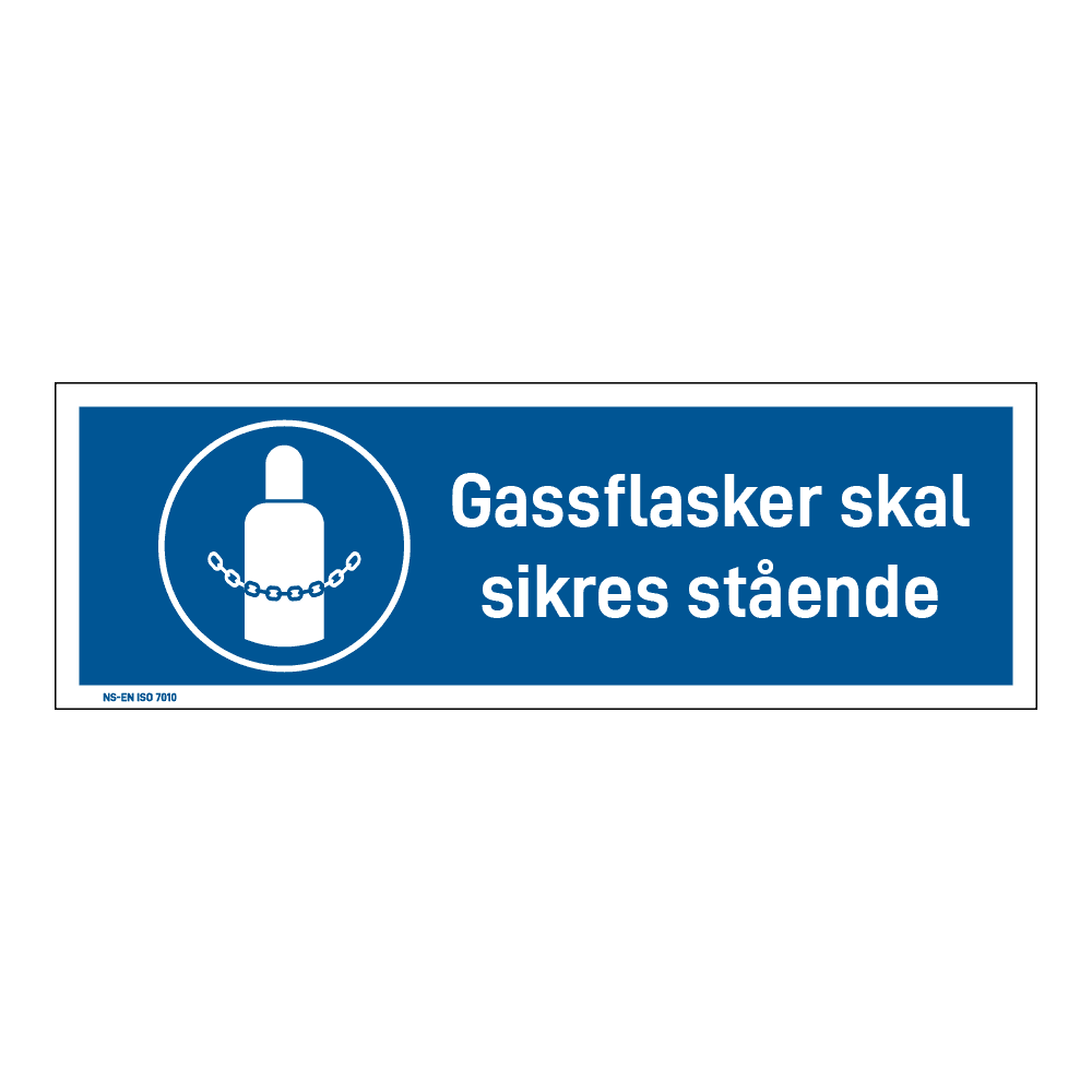 Påbud klistremerke: "Gassflasker skal sikres stående" m/tekst liggende