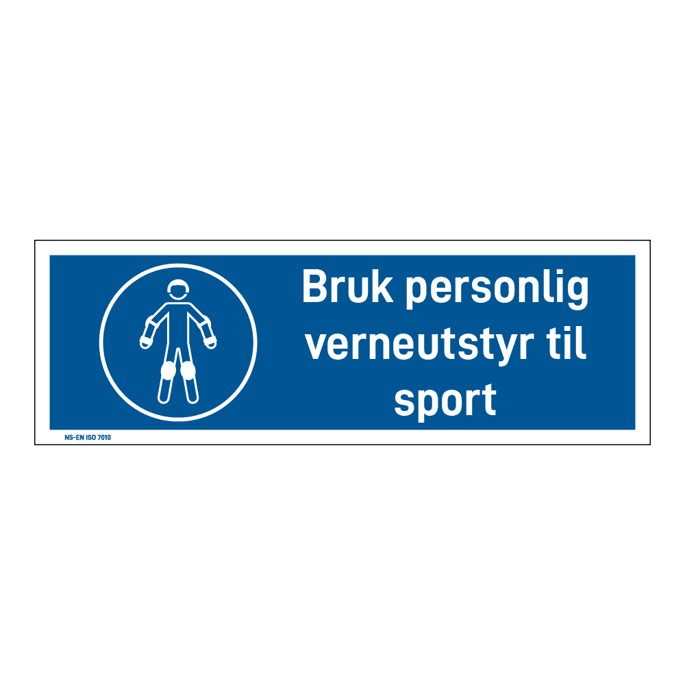 Påbud klistremerke: "Bruk personlig verneutstyr til sport" m/tekst liggende