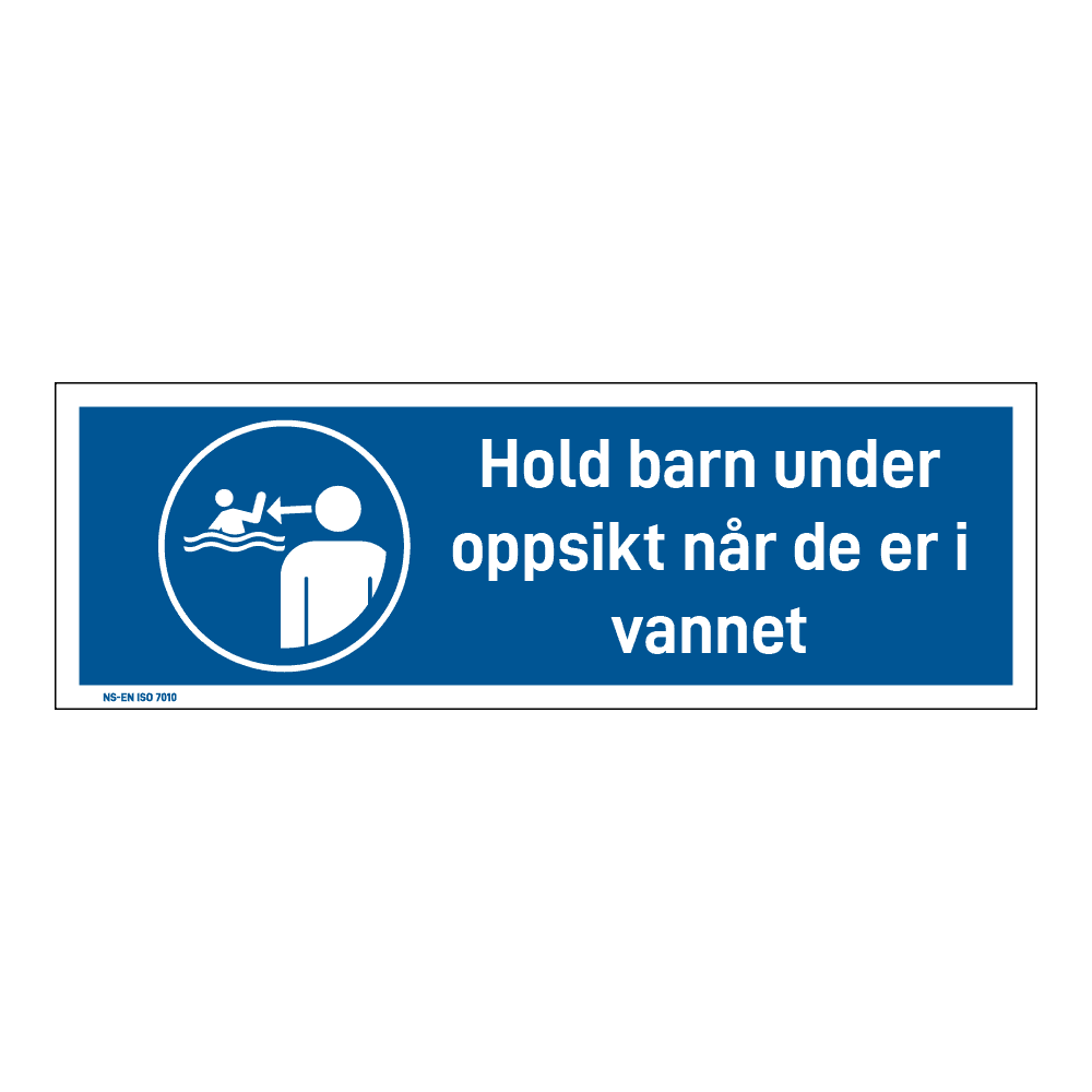 Påbud klistremerke: "Hold barn under oppsyn når de er i vannet" m/tekst liggende
