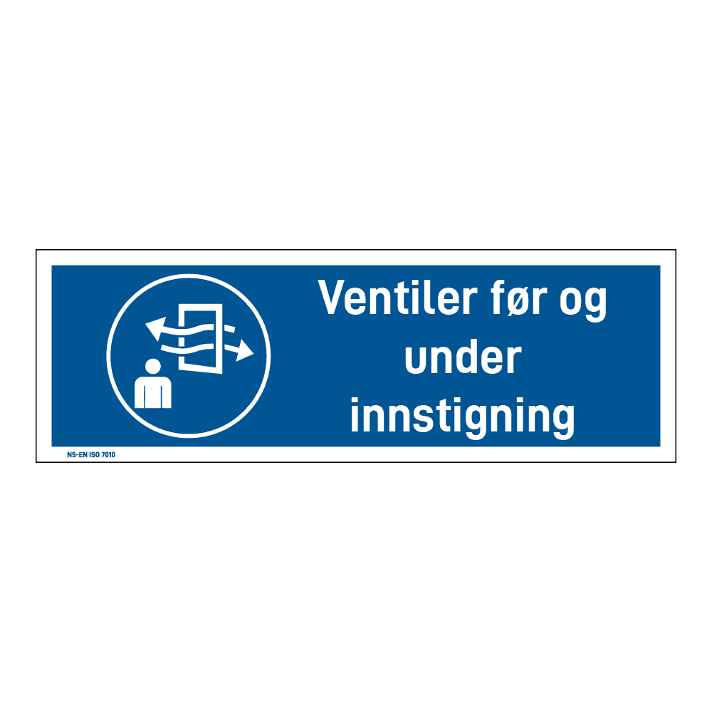 Påbud klistremerke: "Ventiler før og etter innstigning" m/tekst liggende