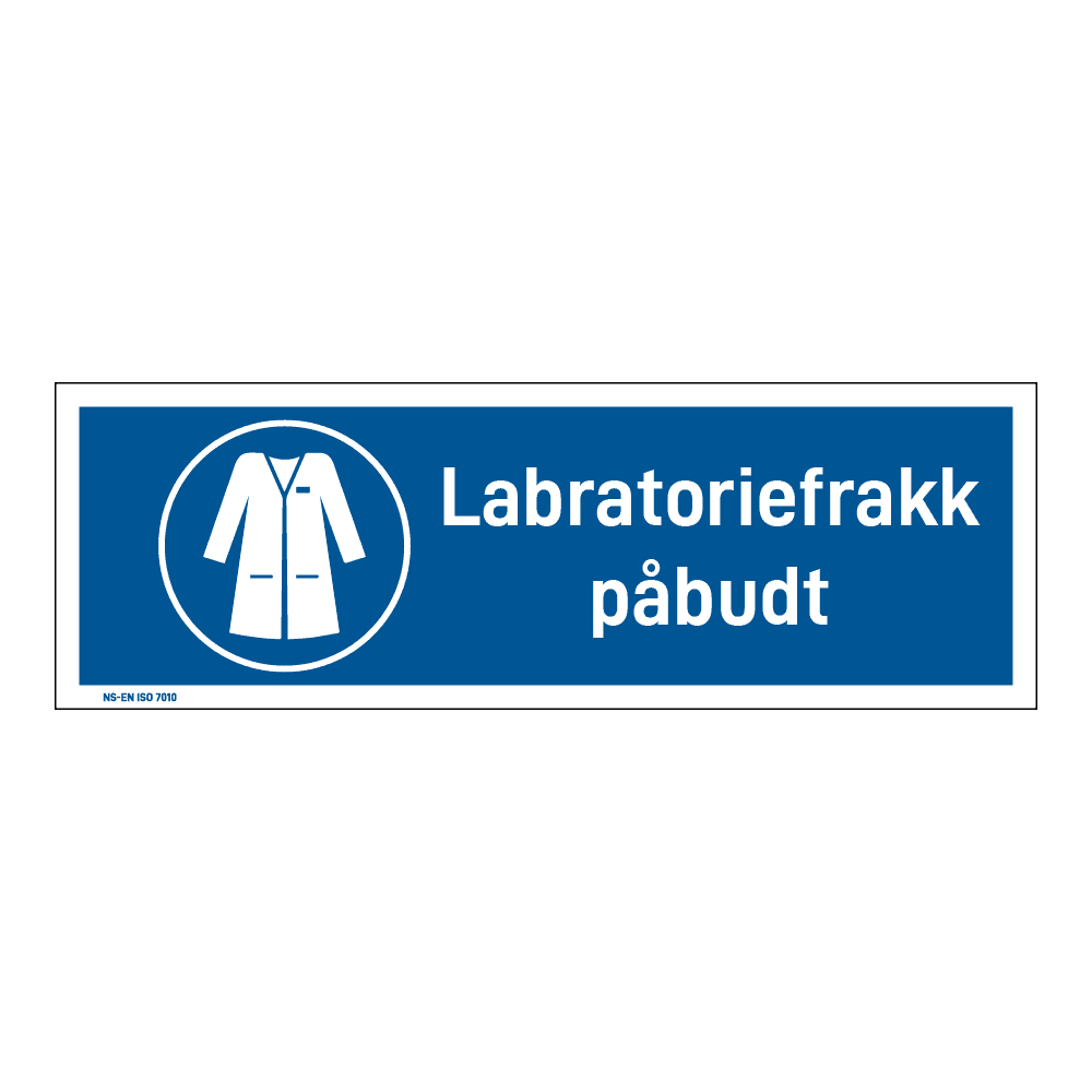 Påbud klistremerke: "Labratoriefrakk påbudt" m/tekst liggende