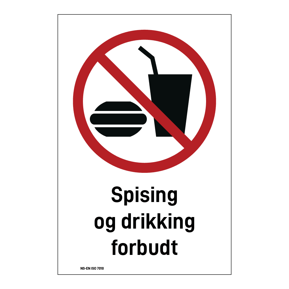 Forbudsskilt: "Spising og drikking forbudt" m/tekst