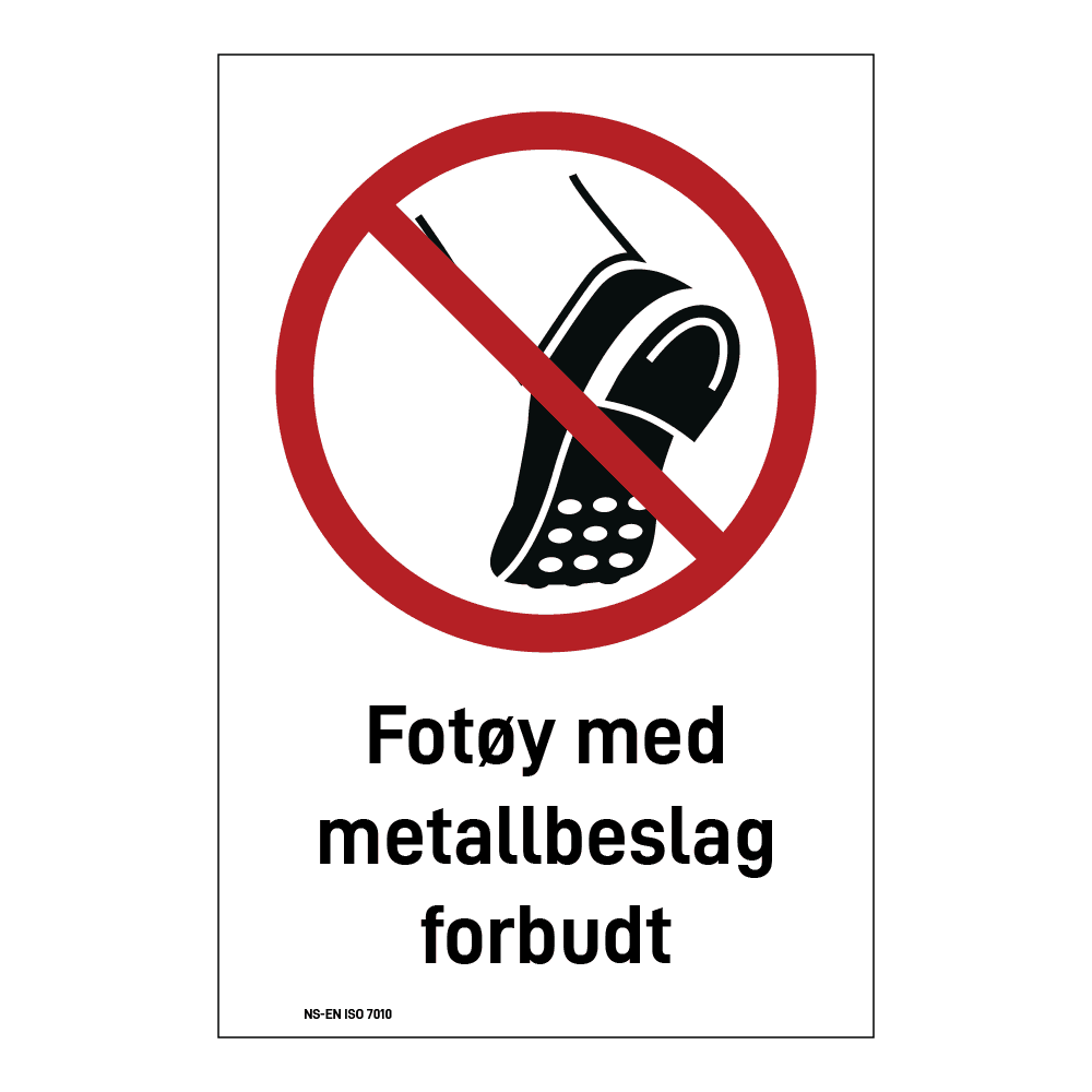 Forbud klistremerke: "Bruk av fottøy med metallbeslag forbudt" m/tekst