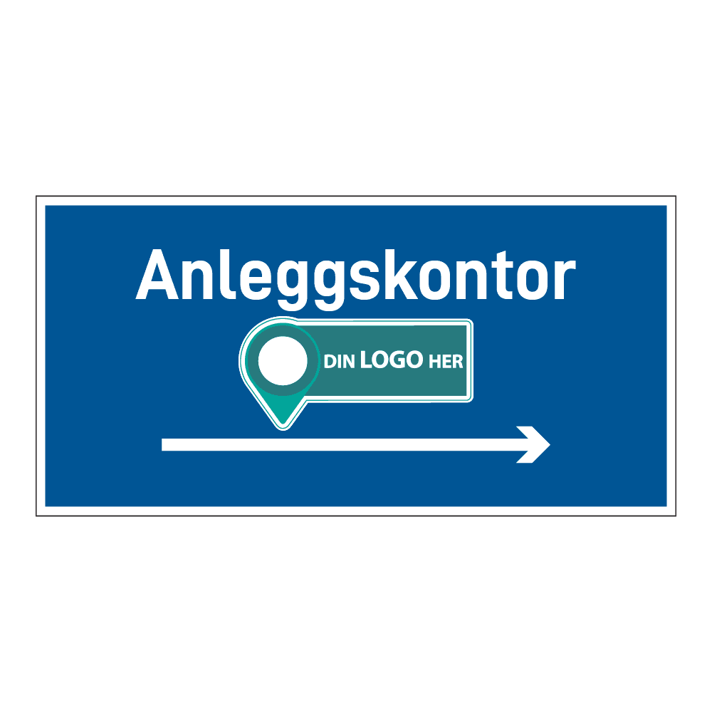 Anleggsområde skilt: "Anleggskontor" m/pil høyre. Med logo