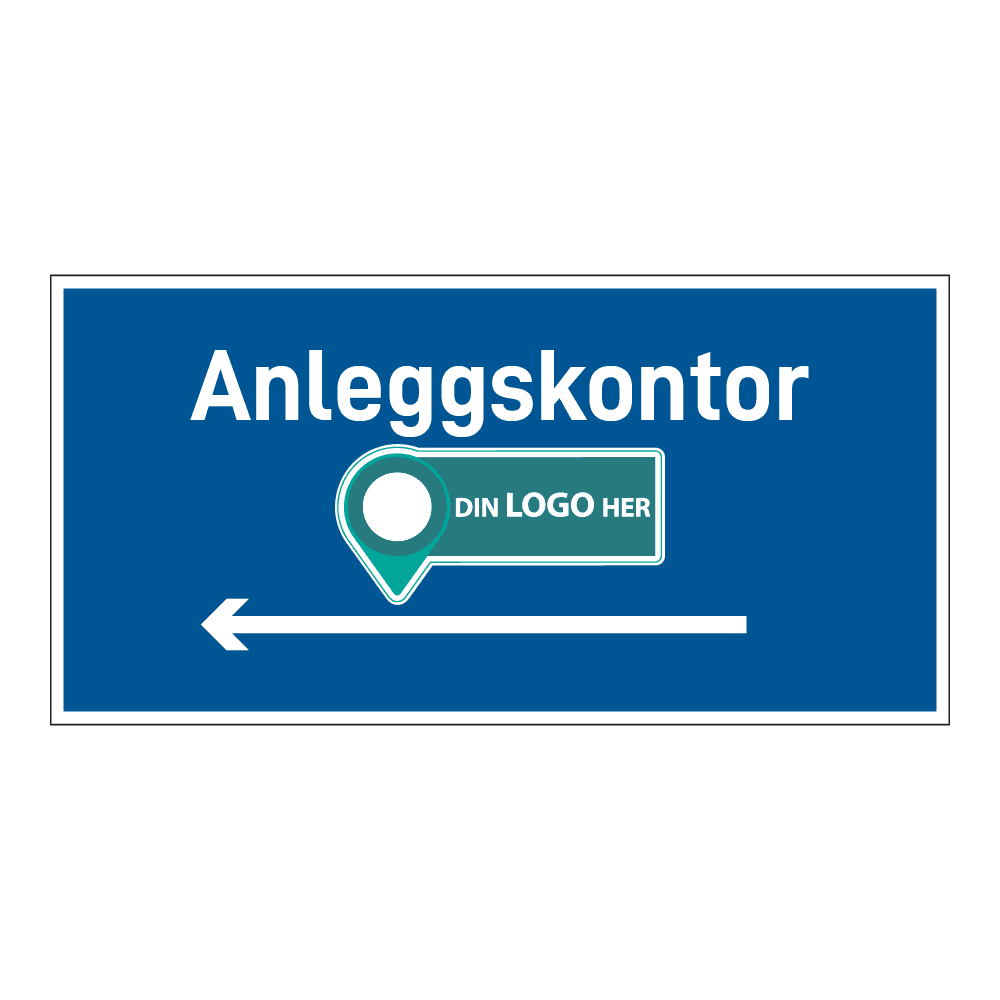 Anleggsområde skilt: "Anleggskontor" m/pil venstre. Med logo