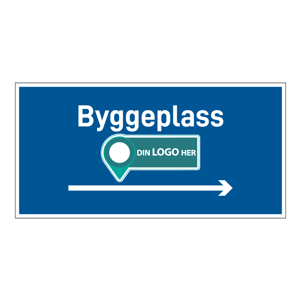 Anleggsområde skilt: "Byggeplass" m/pil høyre. Med logo