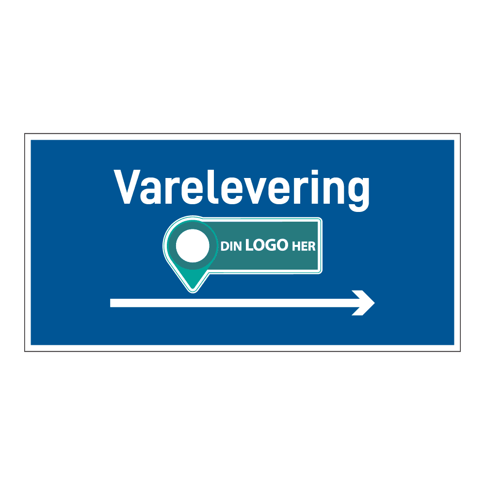 Anleggsområde skilt: "Varelevering" m/pil høyre. Med logo