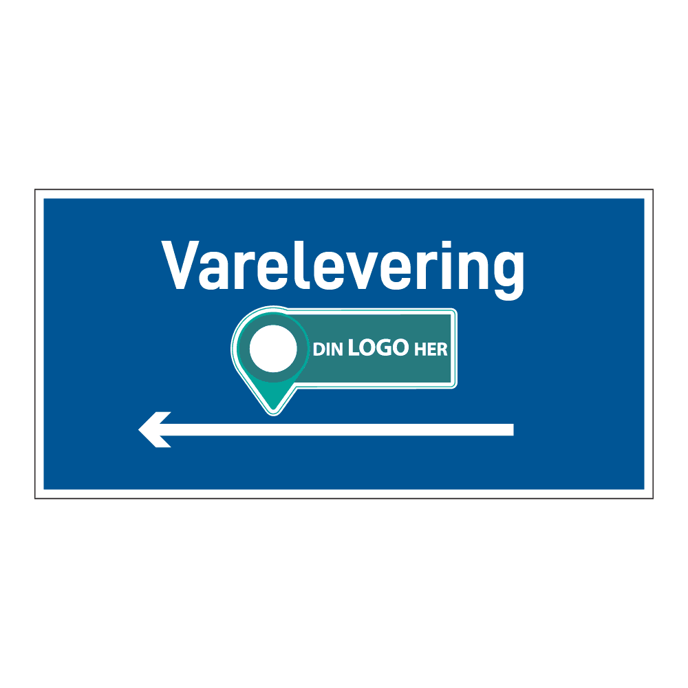 Anleggsområde skilt: "Varelevering" m/pil venstre. Med logo