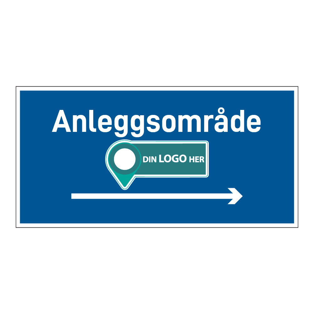 Anleggsområde skilt: "Anleggsområde" m/pil høyre. Med logo